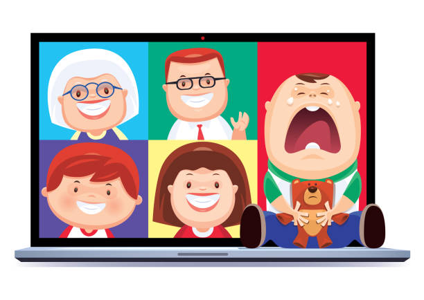 baby boy and family video chatting via laptop vector illustration of baby boy and family video chatting via laptop clip art of a old man crying stock illustrations