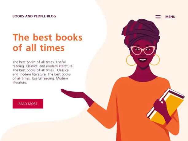 Vector illustration of African woman holds books in her hand. Horizontal banner. Website template