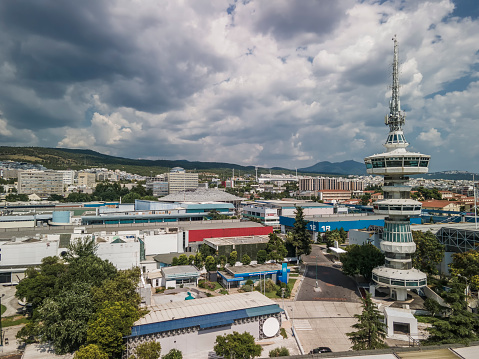 Thessaloniki, Greece - August 09 2020: Aerial drone view of empty International trade TIF fair.