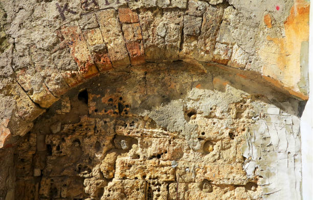 istock Entry and exit to the catacombs laid wall of natural stone 1265174799