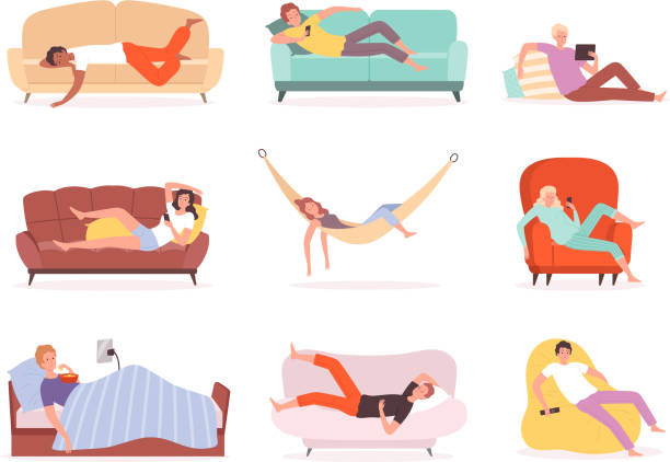 Laying people. Characters relaxing and watching tv on sofa lying lifestyle comfortable sleeping or sitting in armchair vector persons Laying people. Characters relaxing and watching tv on sofa lying lifestyle comfortable sleeping or sitting in armchair vector persons. Couch and sofa, character person lazy lifestyle illustration lazy stock illustrations