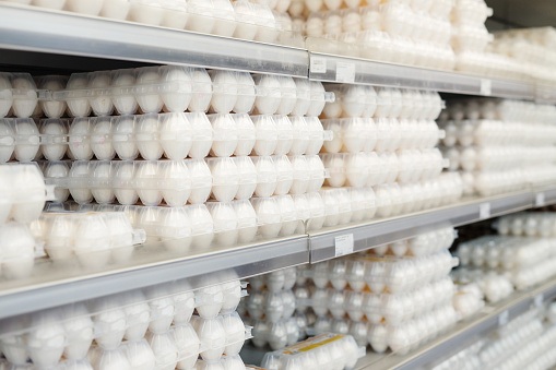 Packages of chicken eggs on a shelf in a supermarket.