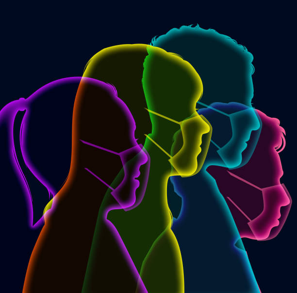 junge erwachsene kopf mit schützenden gesichtsmasken - silhouette student teenager university stock-grafiken, -clipart, -cartoons und -symbole