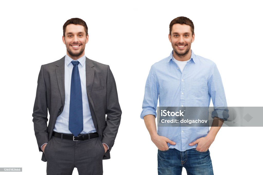 same man in different style clothes business and casual clothing concept - same man in different style clothes Men Stock Photo