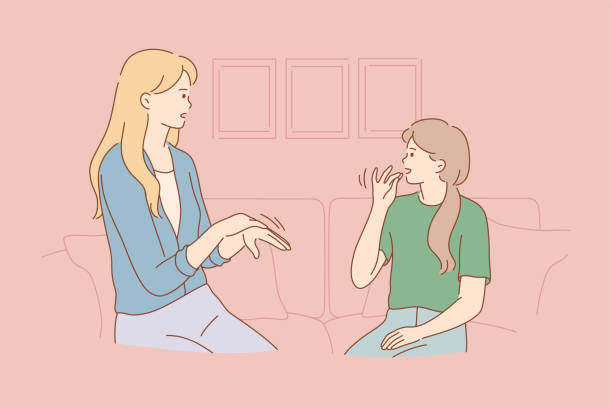 Disability, education, teaching, study, communication concept Disability, education, teaching, study, communication concept. Young woman teacher character speaking with deaf mute child kid girl on sign language together. Educational process for disabled people. sign language class stock illustrations