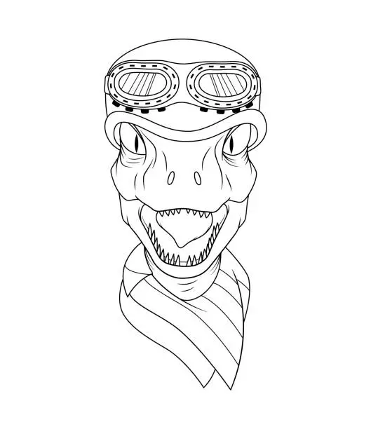 Vector illustration of Biker Raptor head with helmet and googles and bandana on neck. Illustration for motor bike clubs and teams. Dinosaur mascot motorcycle rider. Isolated line art for coloring book and pages.