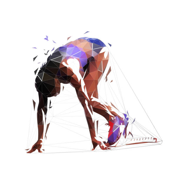 Sprinter woman kneeling in blocks. Low poly female runner waiting at start, isolated vector geometric illustration. Triangles. African american polygonal athlete Sprinter woman kneeling in blocks. Low poly female runner waiting at start, isolated vector geometric illustration. Triangles. African american polygonal athlete track and field stock illustrations