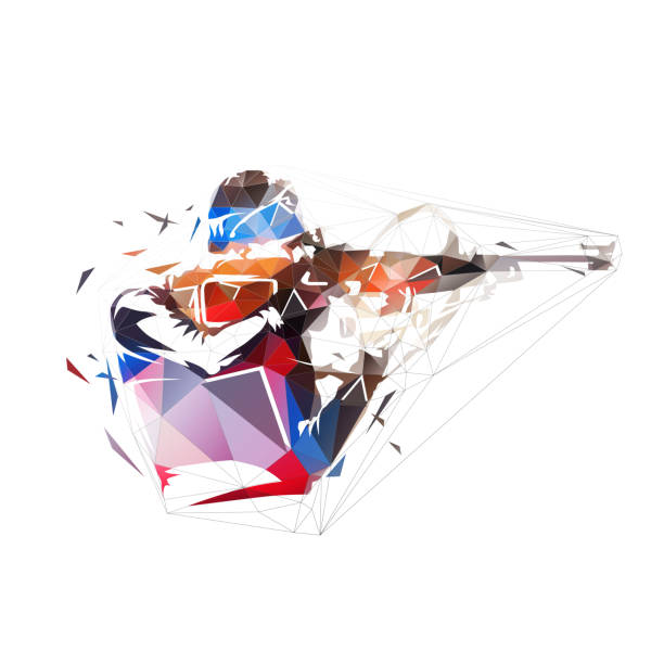 ilustrações de stock, clip art, desenhos animados e ícones de biathlon racer shooting at target, low polygonal isolated vector illustration, geometric biathlon logo - biathlon