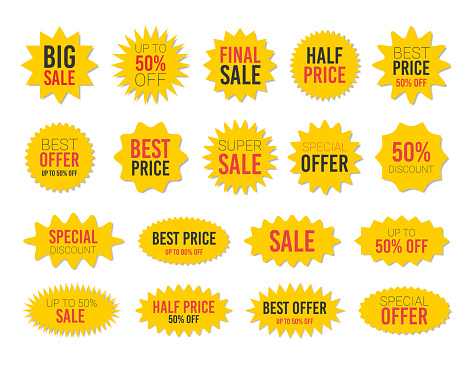 Yellow sale starburst sticker set - collcetion of stared round and oval labels and badges with best offer and discount signs. Collection of sale and special price stickers and buttons for promo tag.