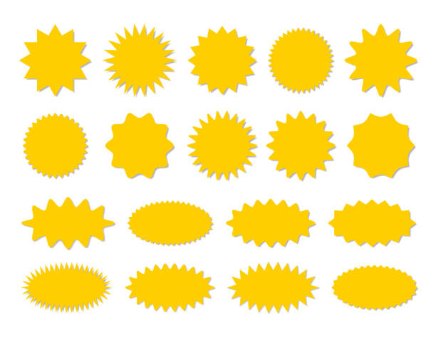 Starburst sticker set - collection of special offer sale round and oval sunburst labels and buttons. Starburst yellow sticker set - collection of special offer sale round and oval sunburst labels and buttons isolated on white background. Stickers and badges with star edges for promo advertising. label price price tag vector stock illustrations