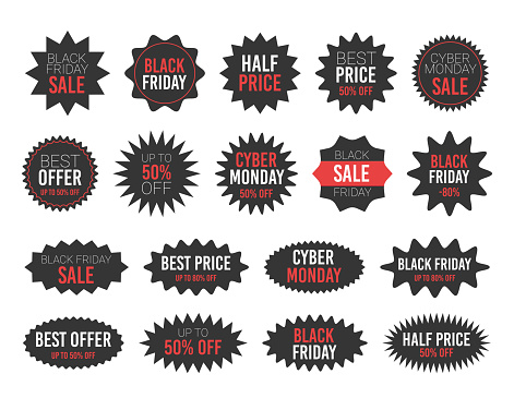 Black friday sale round starburst sticker set - circular and oval star and sun burst promo badges and labels for black friday and cyber monday discount advertising campaign. Isolated circle stickers.