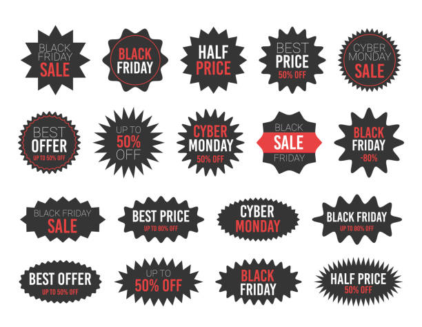 Black friday sale round starburst sticker set. Black friday sale round starburst sticker set - circular and oval star and sun burst promo badges and labels for black friday and cyber monday discount advertising campaign. Isolated circle stickers. stamp of original stock illustrations