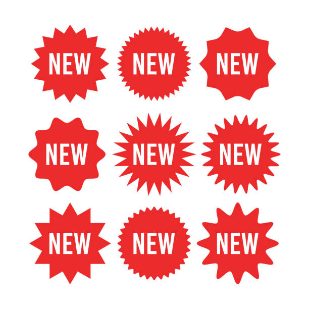 красная наклейка starburst с новым набором знаков - круг солнца и звезды взрыв значки и этикетки с текстом о новом продукте. - новый stock illustrations