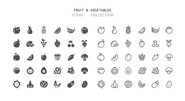 ilustrações, clipart, desenhos animados e ícones de ícones de legumes de frutas planas e delineados - frutas
