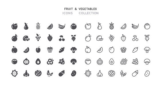 Set of fruit and vegetables vector icons. Flat design & outline editable stroke. Perfect pixel line.