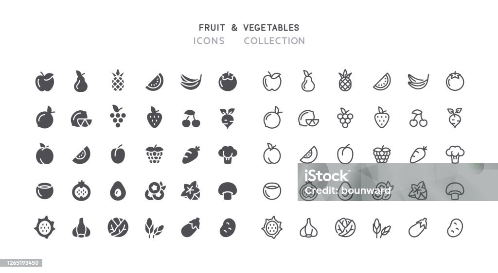 Flat & Outline Fruit Vegetables Icons Set of fruit and vegetables vector icons. Flat design & outline editable stroke. Perfect pixel line. Fruit stock vector