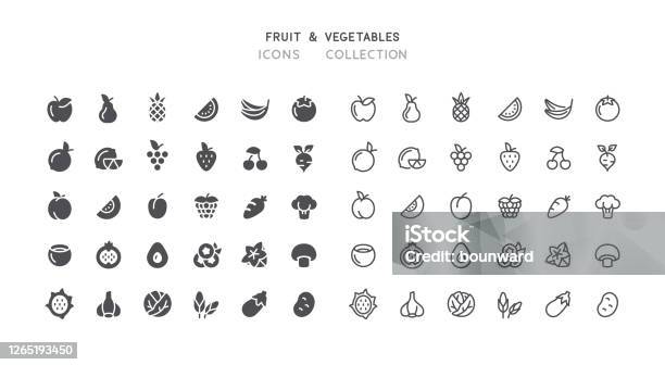 Flat Outline Fruit Vegetables Icons Stock Illustration - Download Image Now - Fruit, Vegetable, Vector