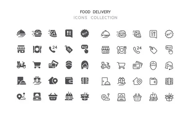 Vector illustration of Flat & Outline Food Delivery Icons