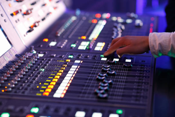 sound engineer working with sound mixing console - human finger sound mixer music producer imagens e fotografias de stock