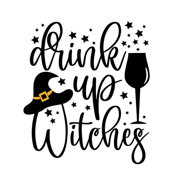 illustrazioni stock, clip art, cartoni animati e icone di tendenza di drink up witches - divertente testo di halloween con scopa e cappello da strega e stelle. - wizard magic broom stick