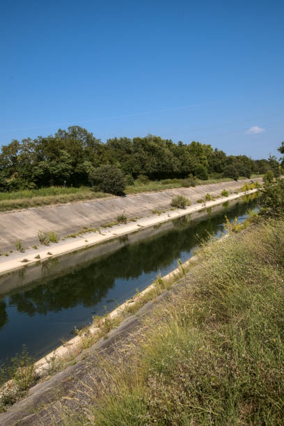 istock Riverbed made by concrete in which a river flows, bordered by two enbankments with trees on the top of them 1265197036