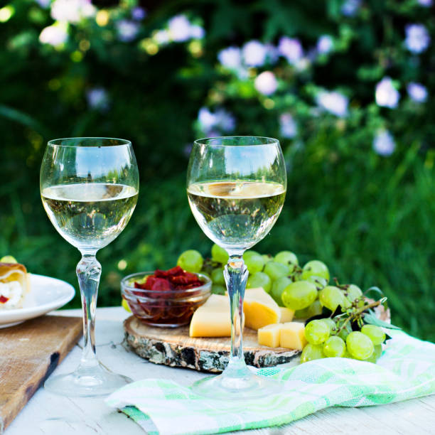 istock White wine and light snacks, Grapes, wine, cheese, pie. Summer romantic dinner in nature. 1265197183