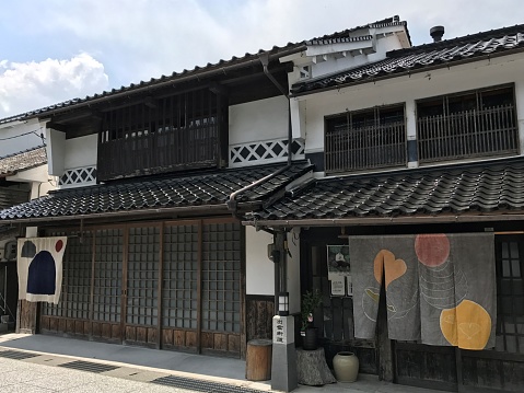 Katsuyama, Maniwa, Okayama, Japan - April 29, 2017: Katsuyama is one of the most beautiful and traditional towns in Japan. Famous for noren (tapestry signs).