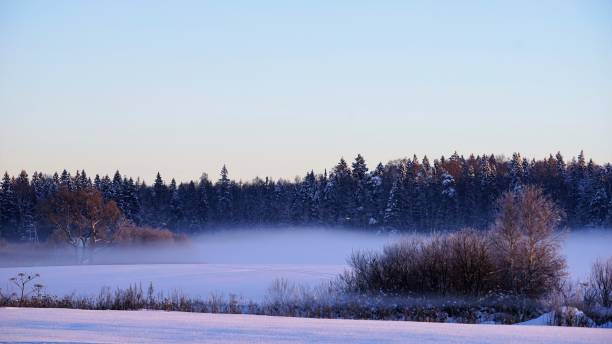 istock Snowy landscape in cold winter morning sunrise 1265200424
