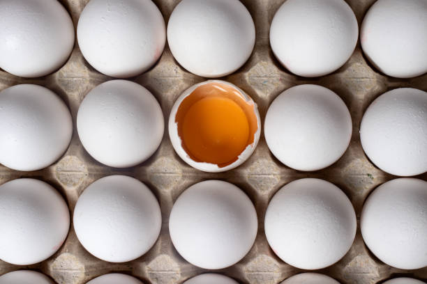 istock White raw chicken eggs, top view. One egg is broken, yolk and protein are visible. 1265202192