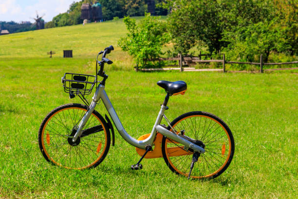 istock Modern bicycle parked on a green lawn in rural area 1265203118