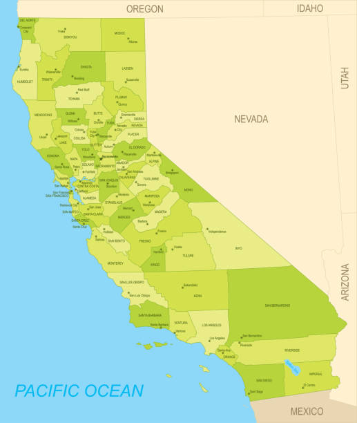 캘리포니아의 플랫 지도 - california map counties county stock illustrations