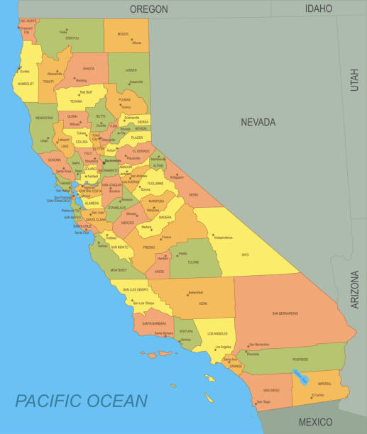 flache karte von kalifornien - california map counties county stock-grafiken, -clipart, -cartoons und -symbole