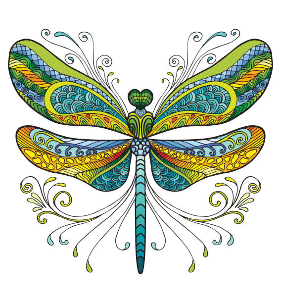 Dragonfly colorful vector Colorful ornamental fantasy dragonfly. Vector decorative abstract vector illustration isolated on white background. Stock illustration for adult coloring, design, print, decoration and tattoo. dragonfly tattoo stock illustrations