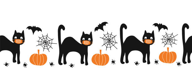 illustrations, cliparts, dessins animés et icônes de chat noir d’halloween utilisant la bordure de vecteur sans couture de masque de visage. coronaruvis halloween 2020 motif de répétition. illustration mignonne dessinée à la main d’enfants pour la garniture de tissu, cartes, invitations de partie, pi - pattern evil template continue