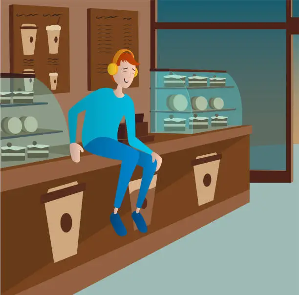 Vector illustration of Young man sitting in the coffee shop listening to music