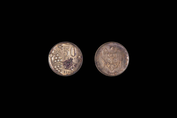 istock Moldovan coin bani. Aged metal. close-up, black background 1265204812