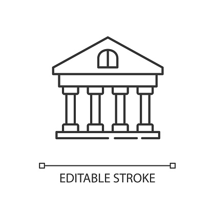 Bank linear icon. Government building. University structure. Financial account. Thin line customizable illustration. Contour symbol. Vector isolated outline drawing. Editable stroke