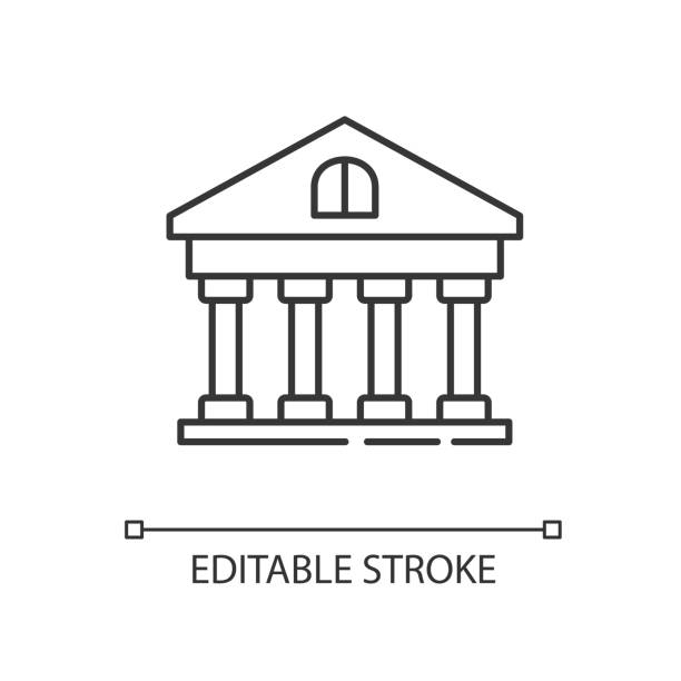 Bank linear icon Bank linear icon. Government building. University structure. Financial account. Thin line customizable illustration. Contour symbol. Vector isolated outline drawing. Editable stroke government funding stock illustrations