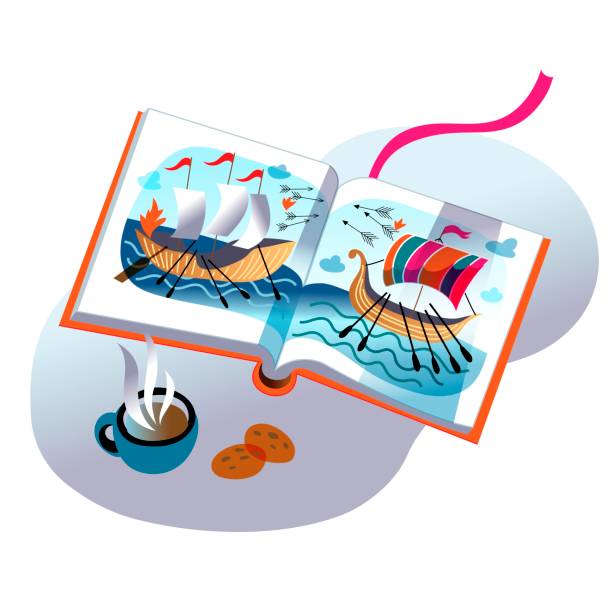 illustrazioni stock, clip art, cartoni animati e icone di tendenza di libro per bambini sulla storica battaglia navale delle navi, avventure nautiche, storia dei pirati - naval flag
