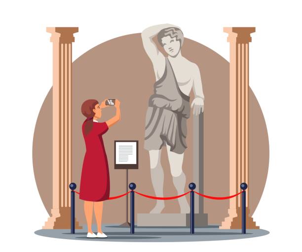 Woman take photo antique statue in historic museum Excited woman photographing antique statue in historic museum. Young girl take photo cultural historical heritage object. Pastime and recreation at art gallery. Exhibition room vector interior field trip clip art stock illustrations