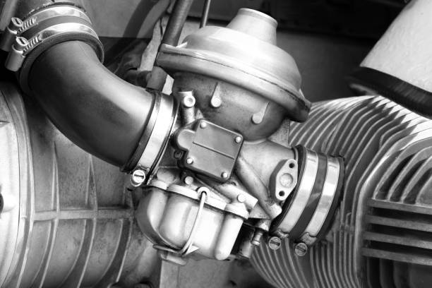 Carburetor on the engine of the vintage motorcycle
