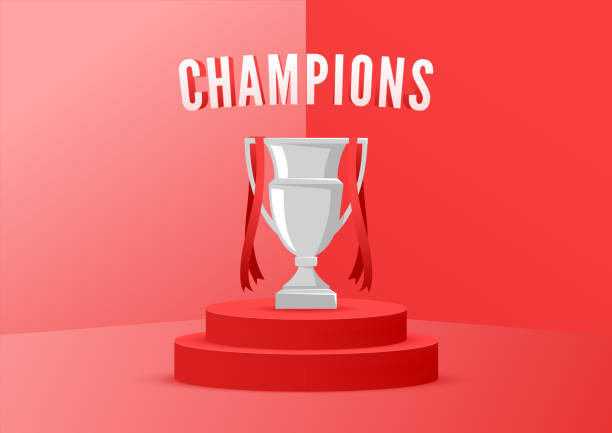 赤い背景を持つステージ上のチャンピオントロフィー。 - pedestal football award concepts点のイラスト素材／クリップアート素材／マンガ素材／アイコン素材