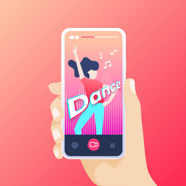 ilustraciones, imágenes clip art, dibujos animados e iconos de stock de mano sosteniendo el teléfono inteligente grabando un video de baile en la aplicación. - tiktok