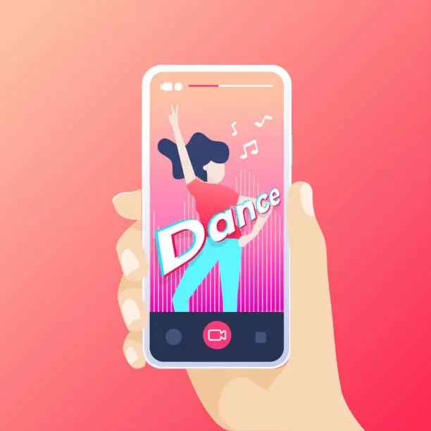 Vector illustration of Hand holding smartphone recording a dance video in the application.