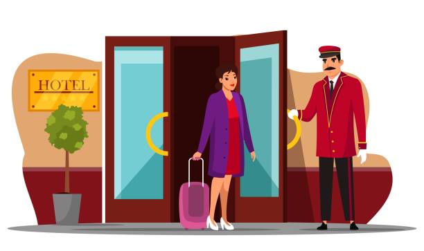 Friendly smiling porter man meeting hotel guest Vector friendly smiling porter man meeting hotel guest. Doorkeeper concierge character in suit uniform greeting woman open entrance door for visitor. Professional staff and hospitality service doorman stock illustrations