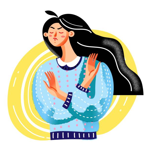 Angry woman showing arms crossed in front of chest, no sign Angry woman showing no, arms crossed in front of chest. Young girl with negative emotions disagree, rejection hand gesture expression, bad feedback. Vector character illustration of communication talk to the hand emoticon stock illustrations
