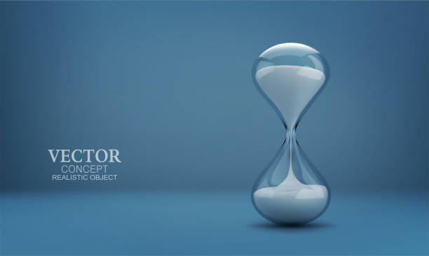 Vector hourglass with transparent glass flask and white sand on a blue background. Realistic illustration with sandhours. Template for layout, design. Vector hourglass with transparent glass flask and white sand on a blue background. Realistic illustration with sandhours. Template for layout, design. hourglass stock illustrations