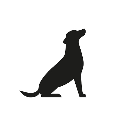 Dog black silhouette isolated on white background. Sitting pet simple illustration for the web. - Vector