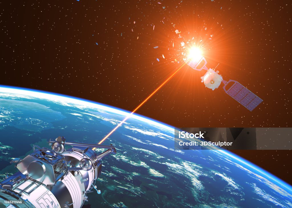 Laser Cannon Incapacitates Enemy Satellite In Space Laser Cannon Incapacitates Enemy Satellite. 3D Illustration. NASA Images NOT USED! Outer Space Stock Photo