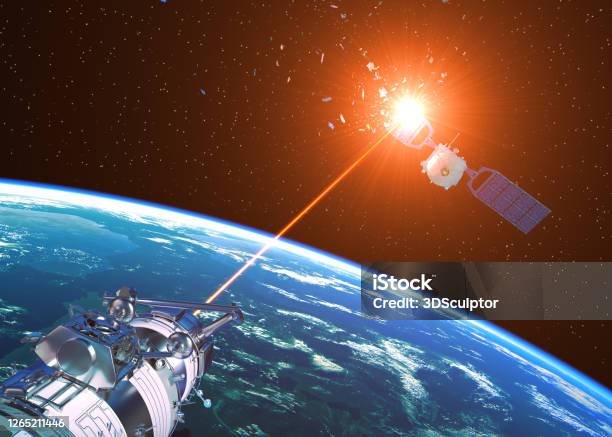 Laser Cannon Incapacitates Enemy Satellite In Space Stock Photo - Download Image Now